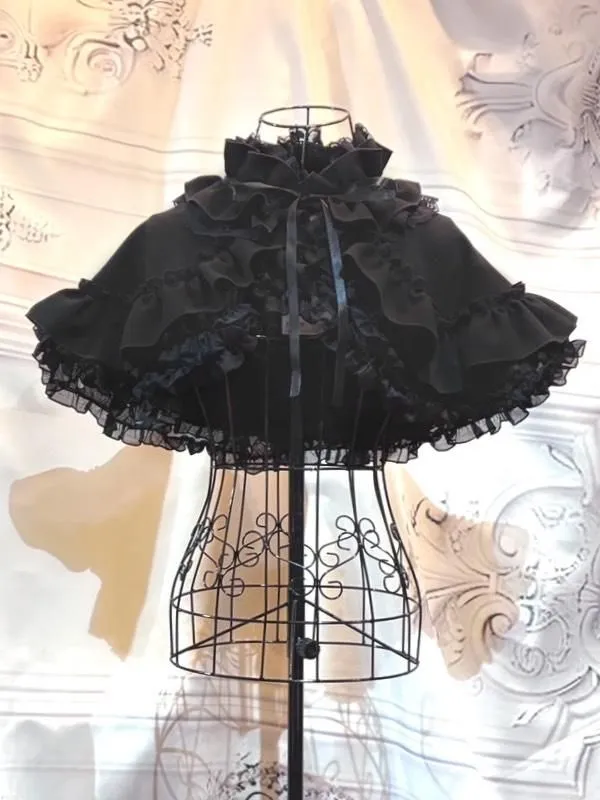 【MARBLE】マーブル フリル重ねボリュームケープ:黒×黒フリル