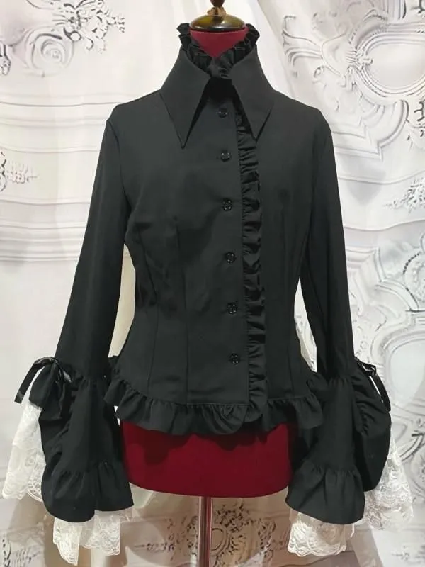 【MARBLE】マーブル 別タイ付きクラシカルデコレーションブラウス:黒×黒ストライプ×白レース