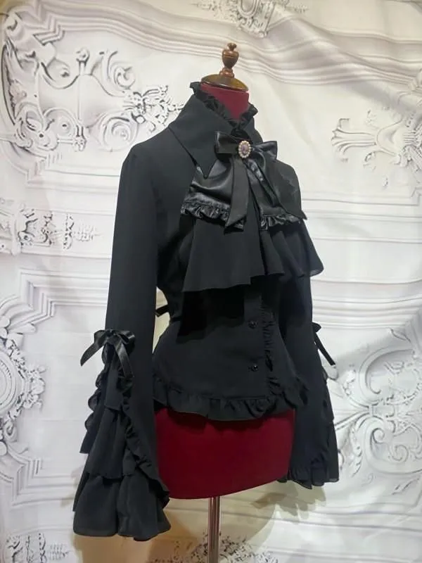 【MARBLE】マーブル カメオタイ付き後編み上げブラウス:黒×黒フリル-メンズLL