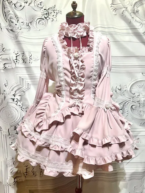 【MARBLE】マーブル チョーカー付き風パフスリーブブラウス+パ二エ入りレース飾りティアードスカート:ピンク×白レース