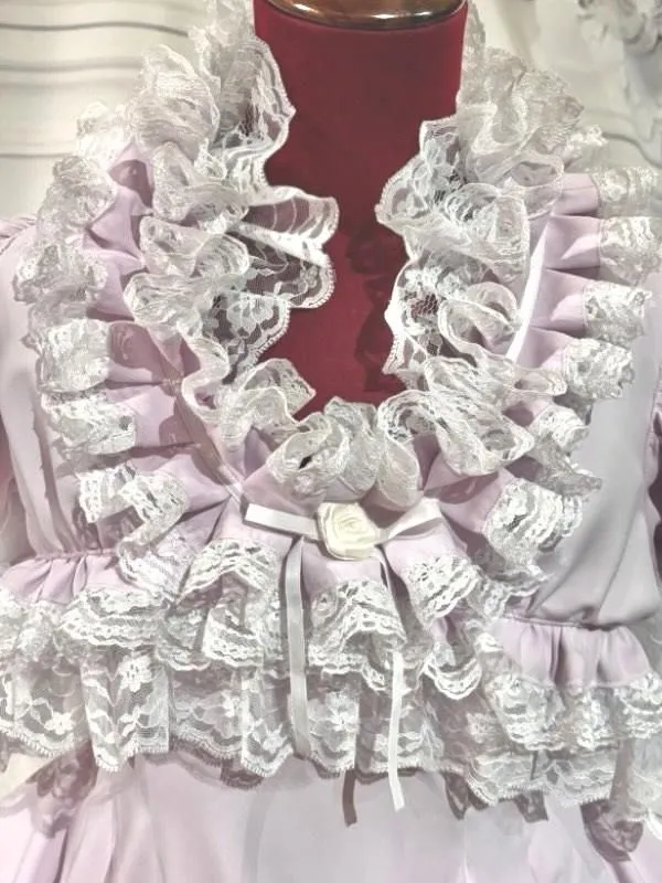 【MARBLE】マーブル 切り替え総フリルワンピース+パニエ入りボリュームレース付きスカート:ピンク×白レース