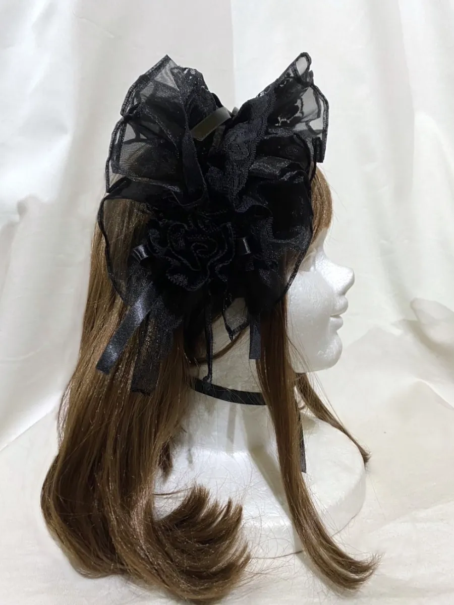 【MARBLE】マーブル バラ付きボリュームヘッドドレス:黒(ハリがある生地)×黒レース×黒バラ