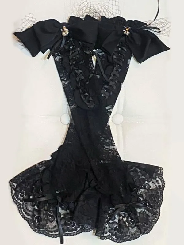 【MARBLE】マーブル コサージュ付きクラシカル編み上げグローブ:黒レース×白パール