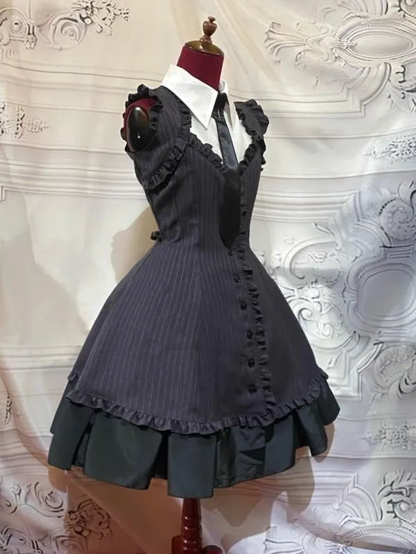 【MARBLE】マーブル ネクタイブラウス付き風BOXプリーツワンピース:黒白ストライプ×白×黒ネクタイ