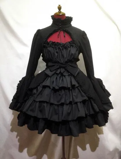 【MARBLE】マーブル 姫袖ボレロ付き配色切り替えデコラティブワンピース:黒ワンピース×黒ボレロ