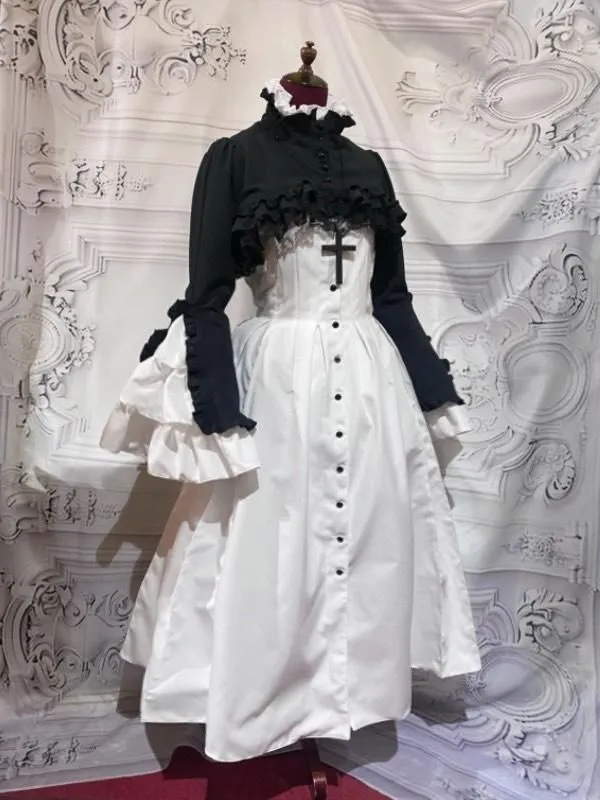 【MARBLE】マーブル クラシカル調ロングブラウスワンピース+ショート丈モダンジャケット+十字架ネックレス:白×黒