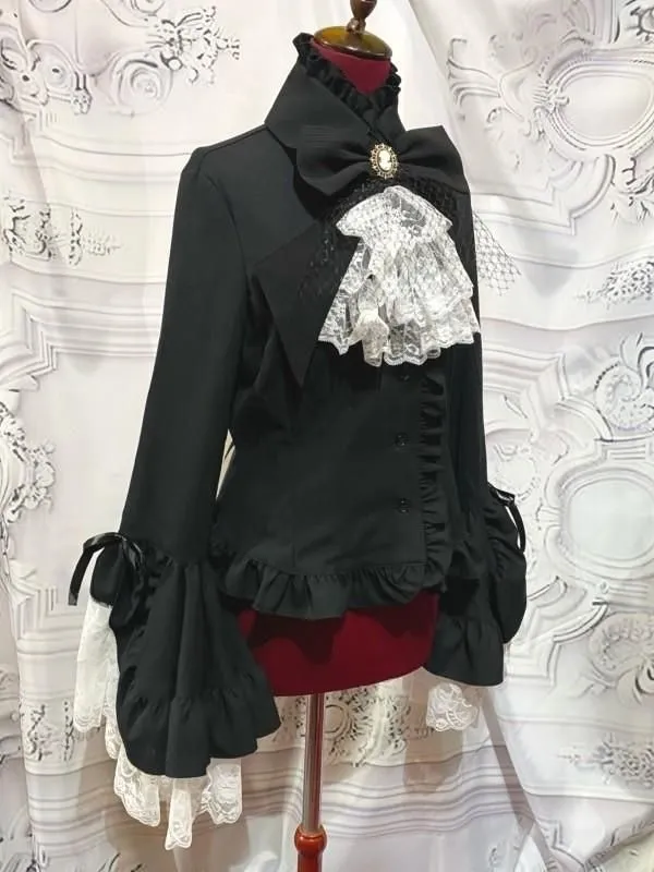 【MARBLE】マーブル 別タイ付きクラシカルデコレーションブラウス:黒×黒ストライプ×白レース