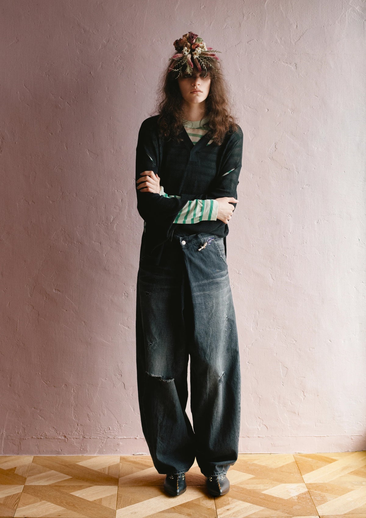【New Rose】★예약 접수중★FOLD THE WAIST PANTS (Distressed finish)