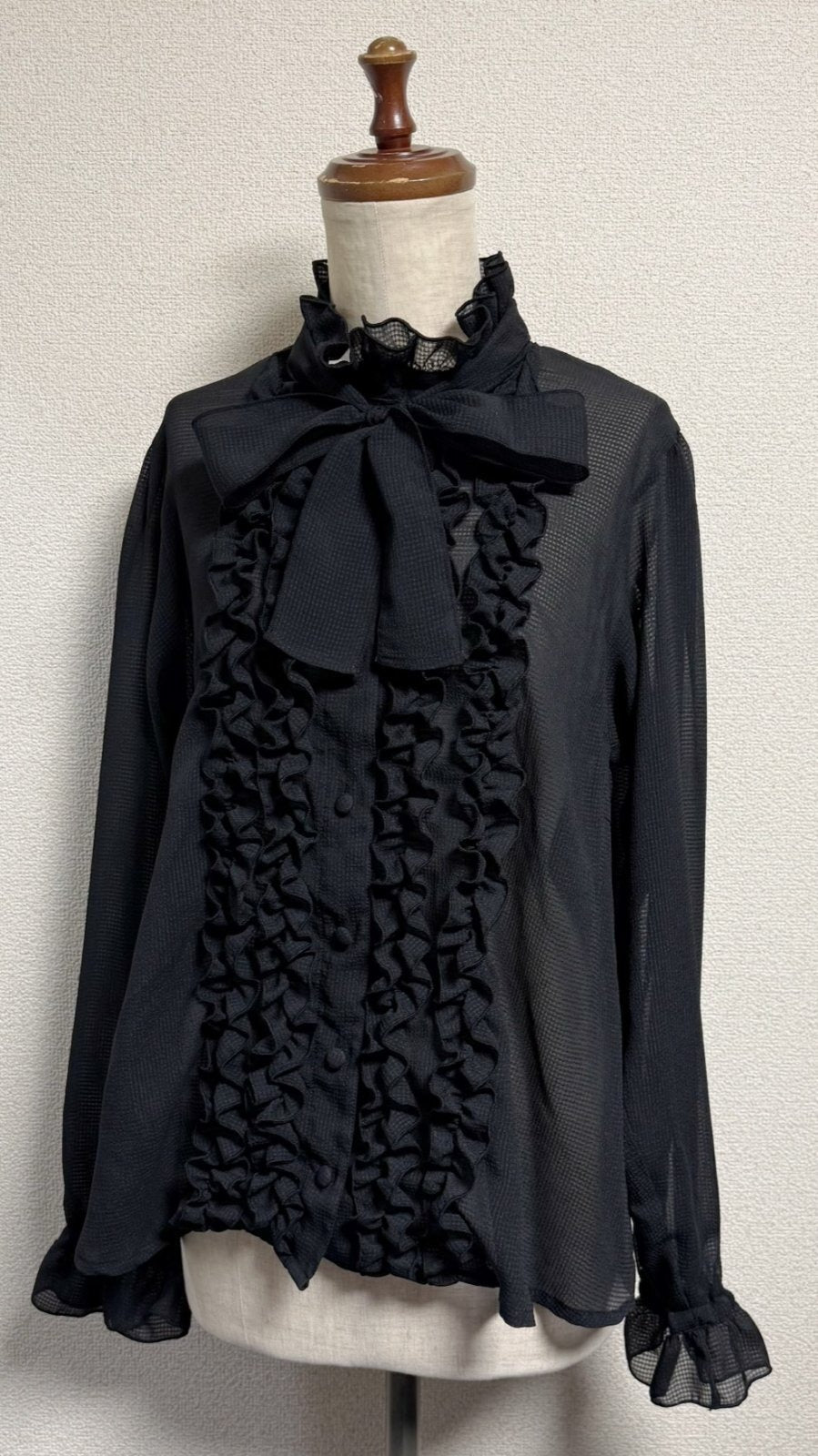 【Physical Drop】フィジカルドロップ スタンドカラーフリルブラウス【黒・長袖】