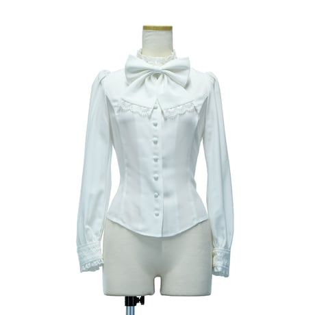 【Sheglit】シェグリット スタンドカラーリボンジャボブラウス ホワイト/ブラック Mサイズ/Lサイズ