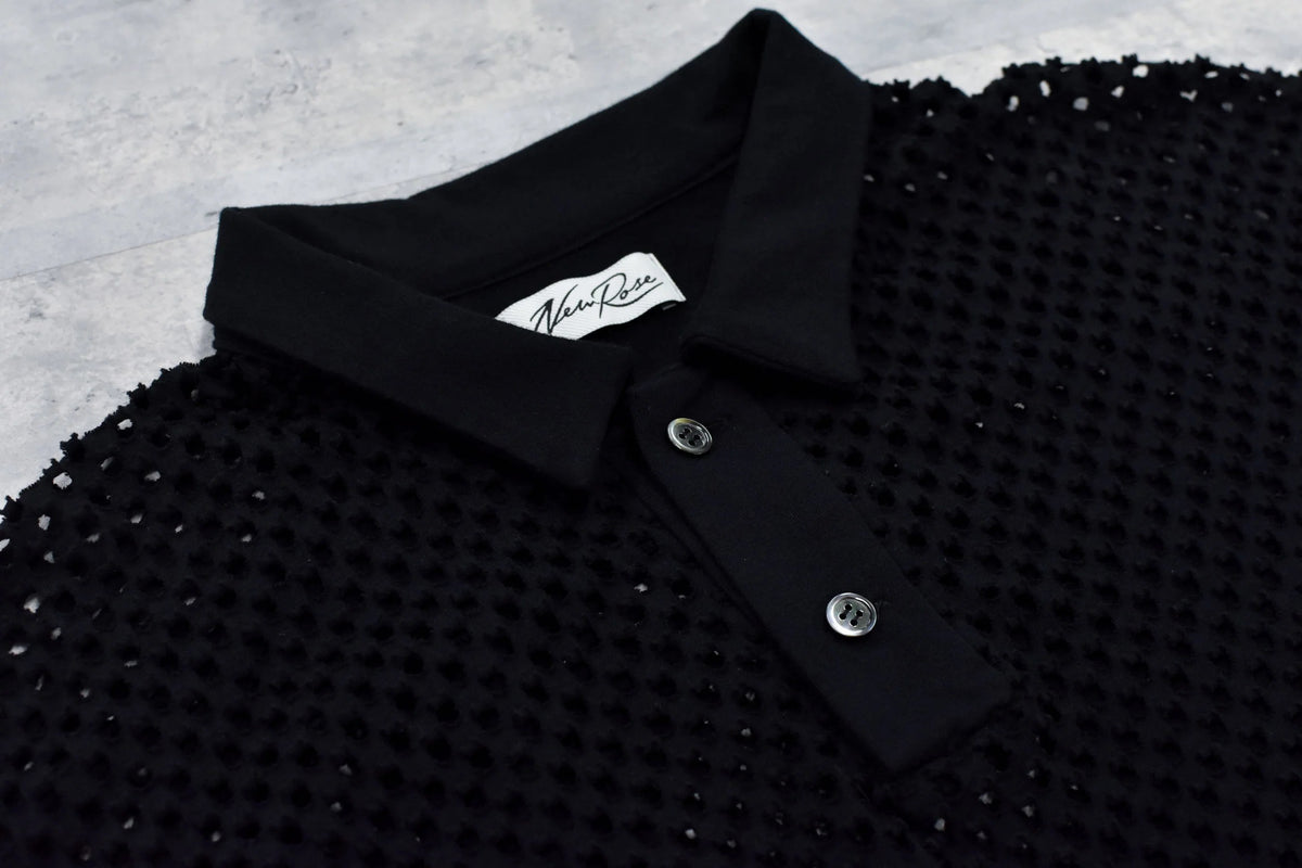 【New Rose】 Punched Fabric Long-sleeved Polo Shirt