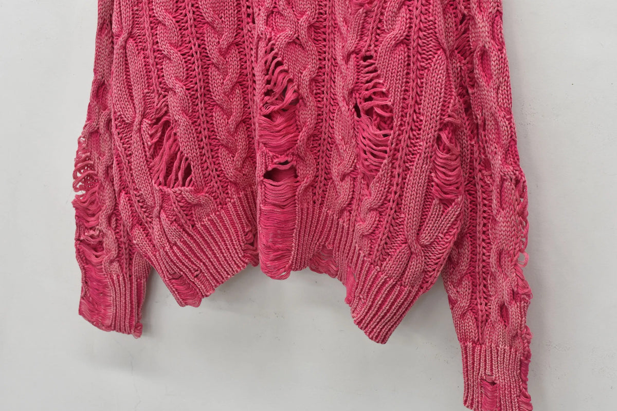 【New Rose】 Rope Knitting Pigment Destroy Pullover