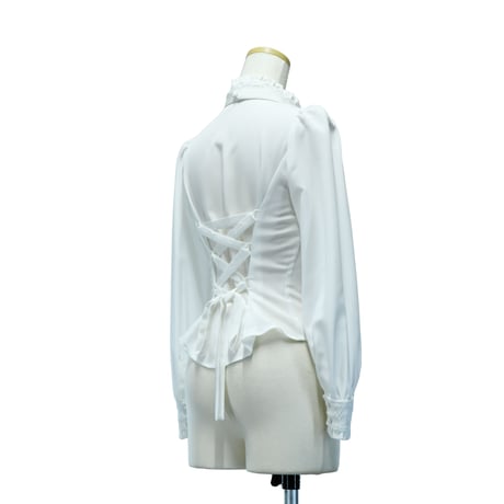 【Sheglit】シェグリット スタンドカラーリボンジャボブラウス ホワイト/ブラック Mサイズ/Lサイズ