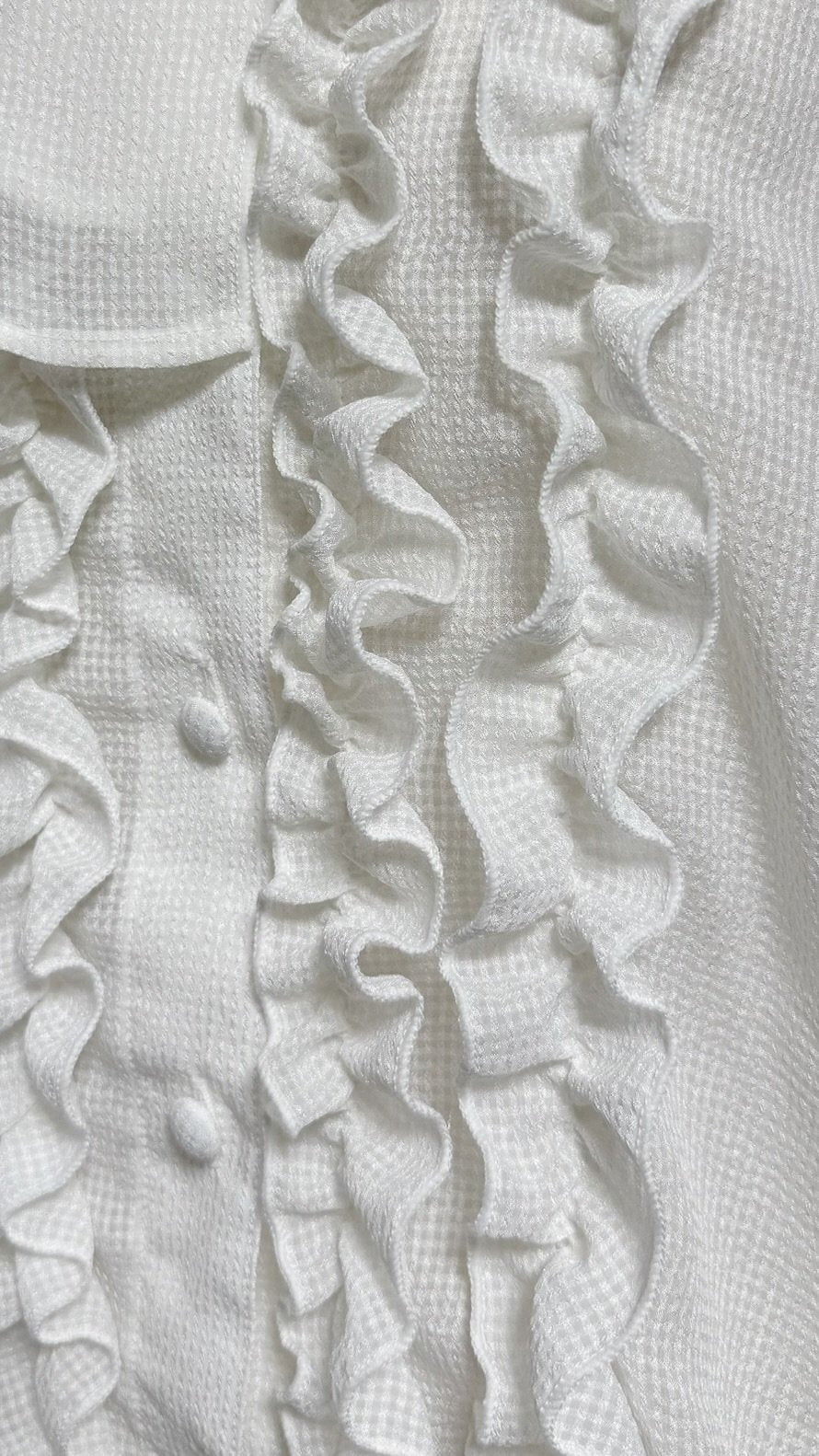 【Physical Drop】フィジカルドロップ スタンドカラーフリルブラウス【白・長袖】