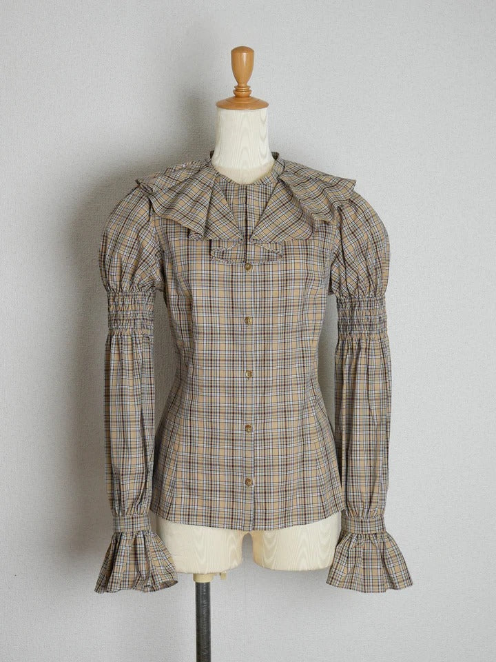 【Victorian maiden】ヴィクトリアンメイデン クラッシックチェックラッフルフリルブラウス ネイビー/ベージュ/ブラウン