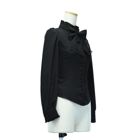 【Sheglit】シェグリット スタンドカラーリボンジャボブラウス ホワイト/ブラック Mサイズ/Lサイズ