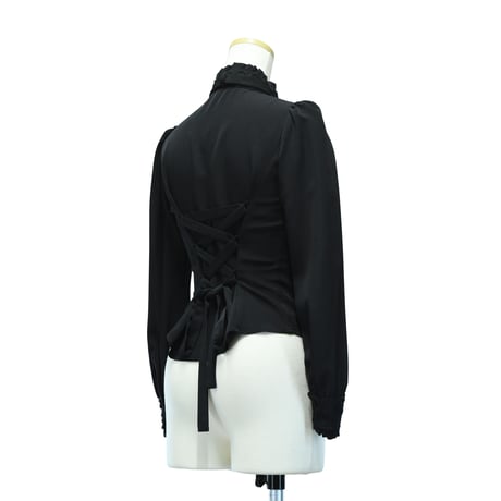 【Sheglit】シェグリット スタンドカラーリボンジャボブラウス ホワイト/ブラック Mサイズ/Lサイズ