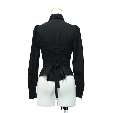 【Sheglit】シェグリット スタンドカラーリボンジャボブラウス ホワイト/ブラック Mサイズ/Lサイズ