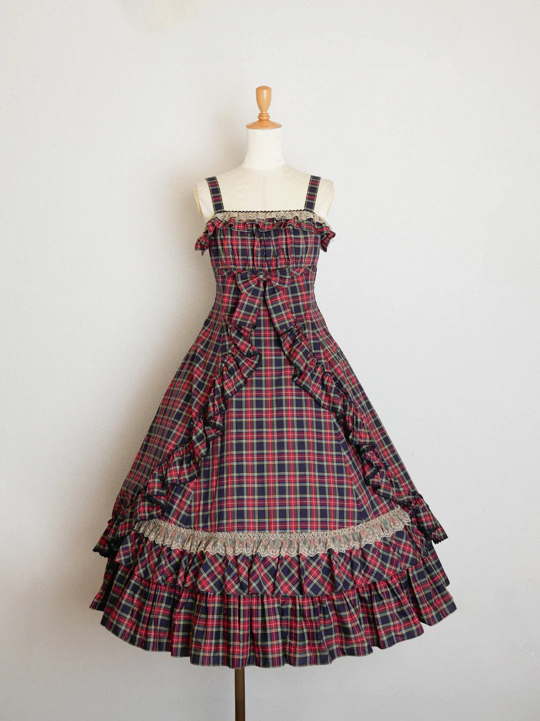 【Victorian maiden】ヴィクトリアンメイデン クラッシックチェックフリルリボンスリーブレスドレス ネイビー/ベージュ/ブラウン