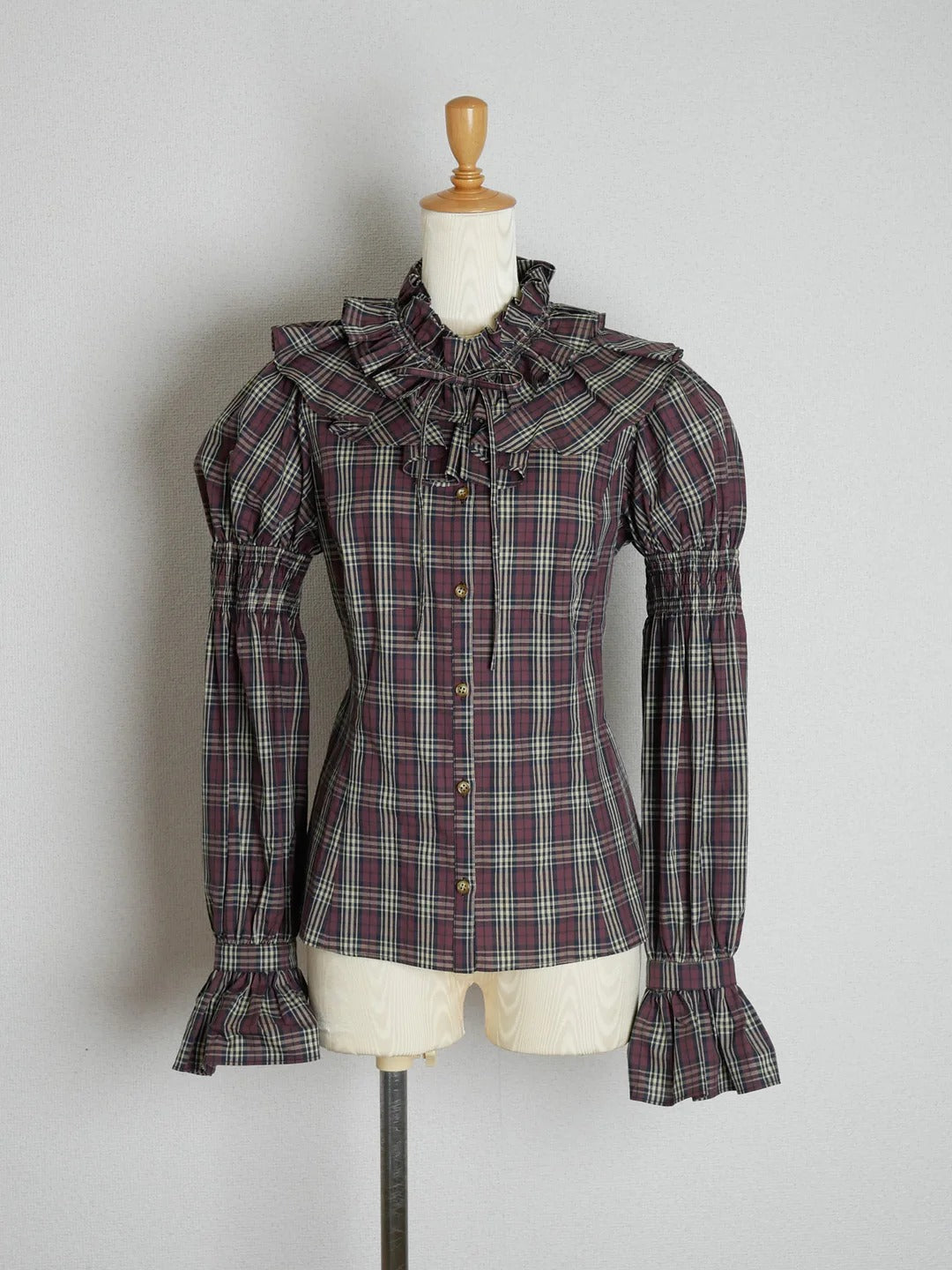 【Victorian maiden】ヴィクトリアンメイデン クラッシックチェックラッフルフリルブラウス ネイビー/ベージュ/ブラウン