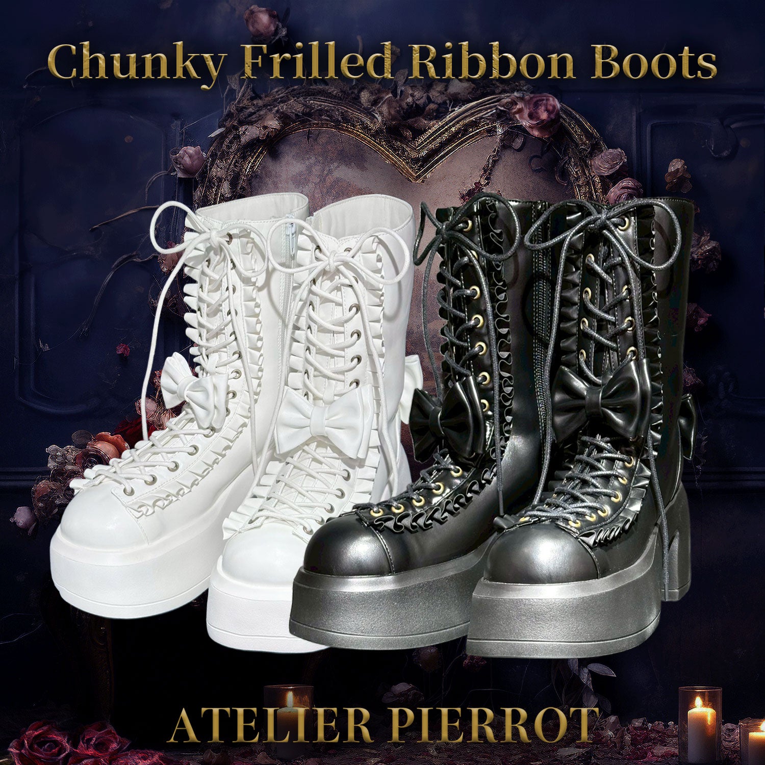 【ATELIER PIERROTChunky Frilled Ribbon Boots白色/黑色S /M /L/XL