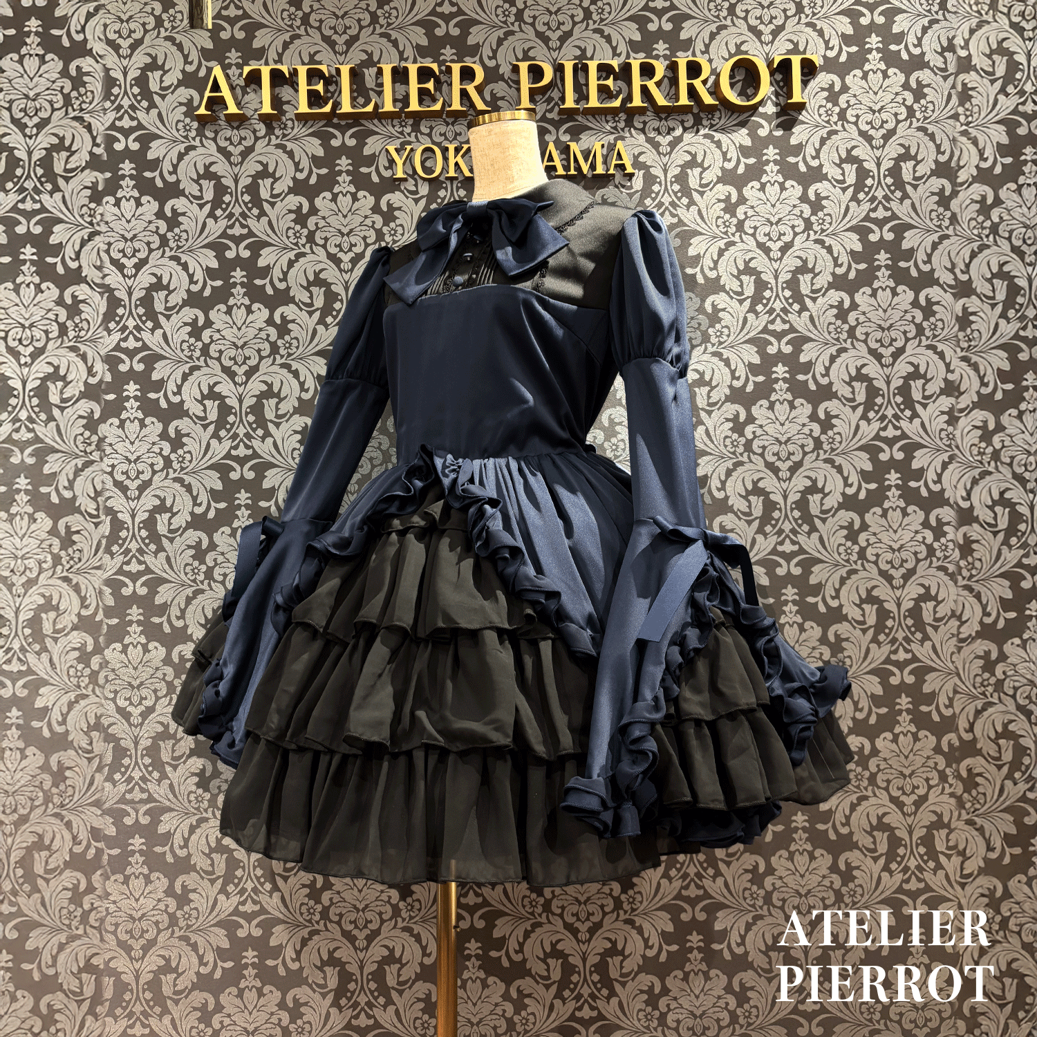 【ATELIER PIERROT】frilly丝带美女连衣裙白色/波尔多/海军/黑色