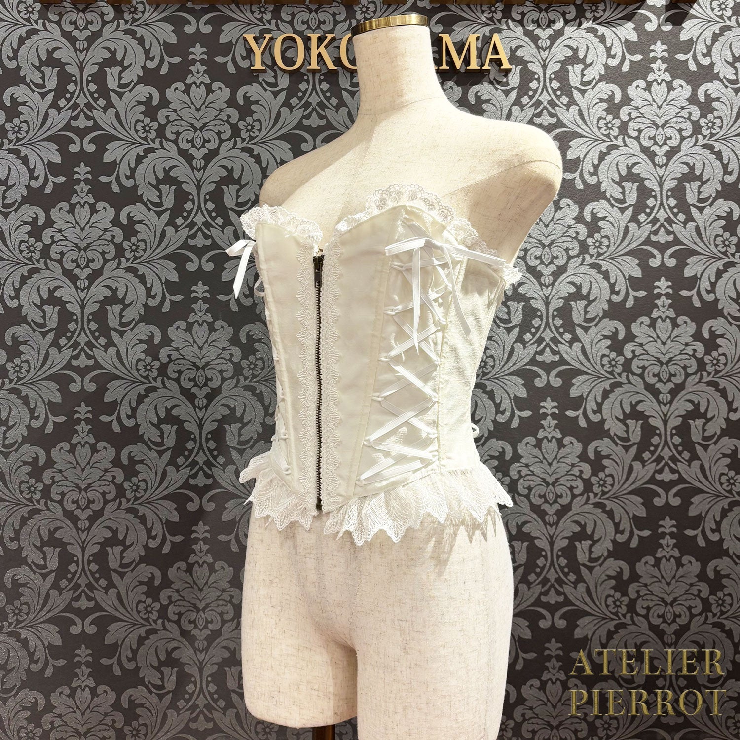 【ATELIER PIERROT】 Lace Up Long Corset White/Wine Jacquard/Navy Jacquard/Black x White Jacquard/Black Jacquard