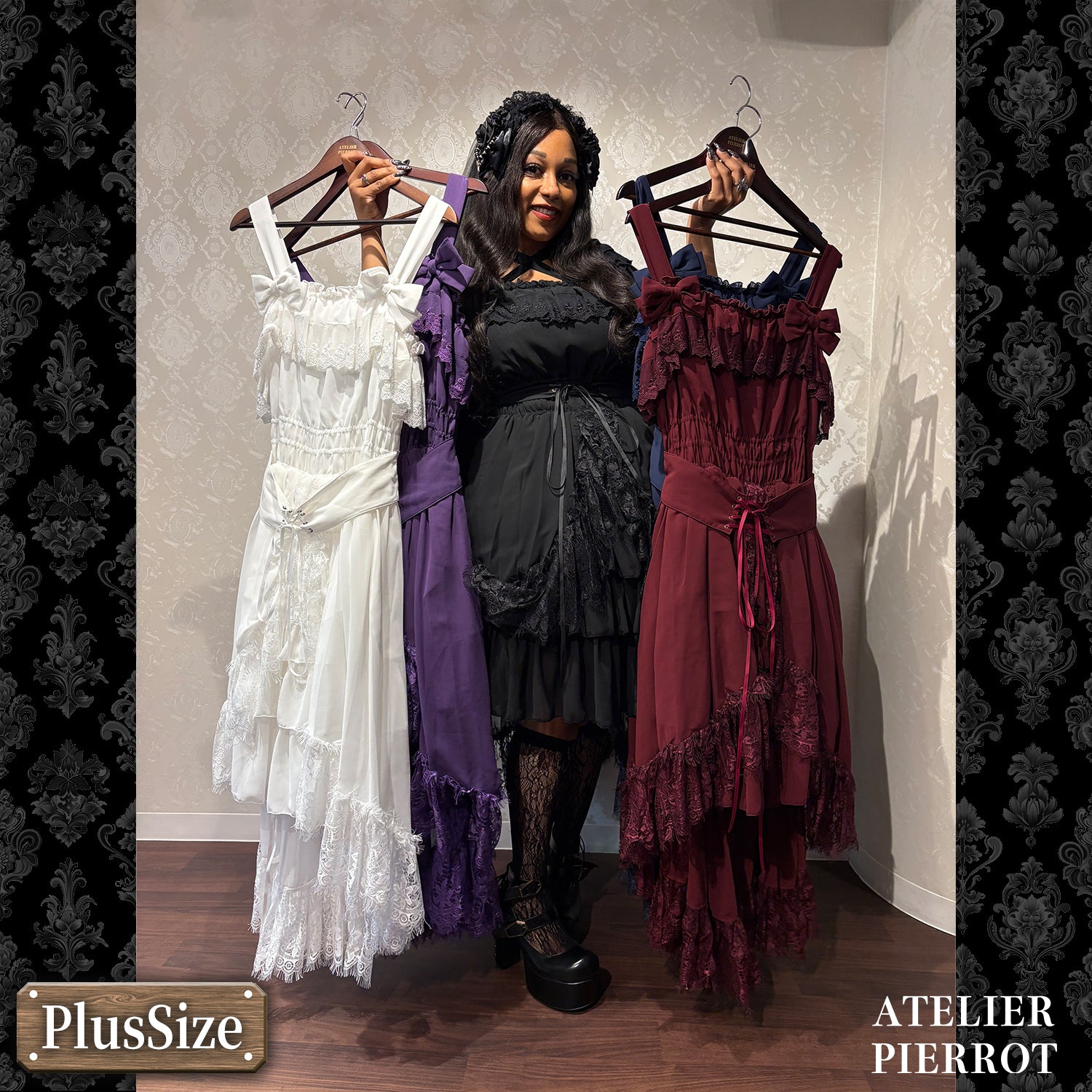 【ATELIER PIERROT】　★ご予約受付中★ Cathedral Veil  Jumper Skirt 　ホワイト/ボルドー/パープル/ネイビー/ブラック　プラスサイズ