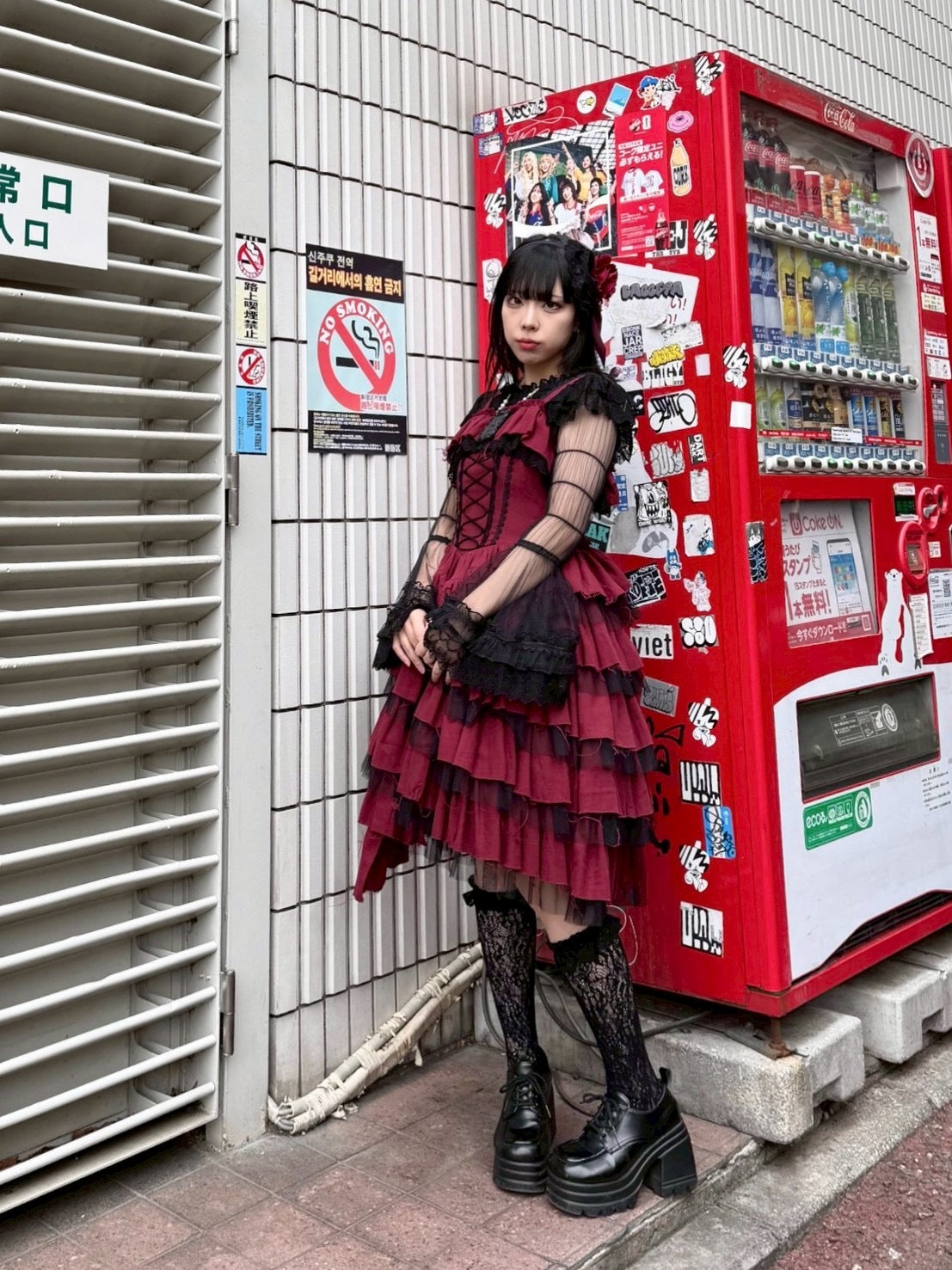 【Vallée lys】ヴァレリス　Nonette Gauze Jumperskirt　ボルドー/グレー/ブラック　サイズ１　