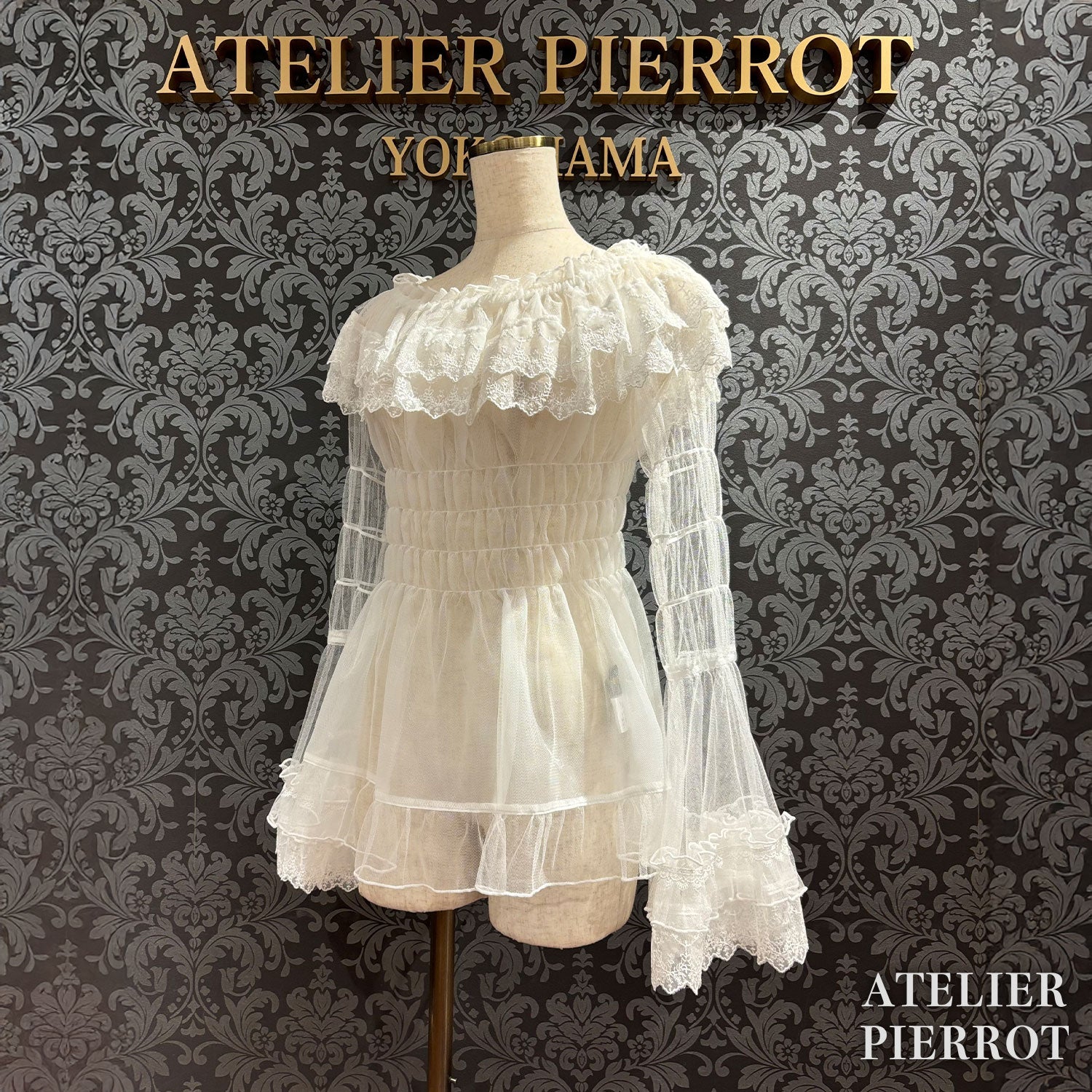 【ATELIER PIERROT】　Sheer Off-Shoulder Shirring Blouse　ホワイト/ピンク/グレー/ボルドー/パープル/ブラック