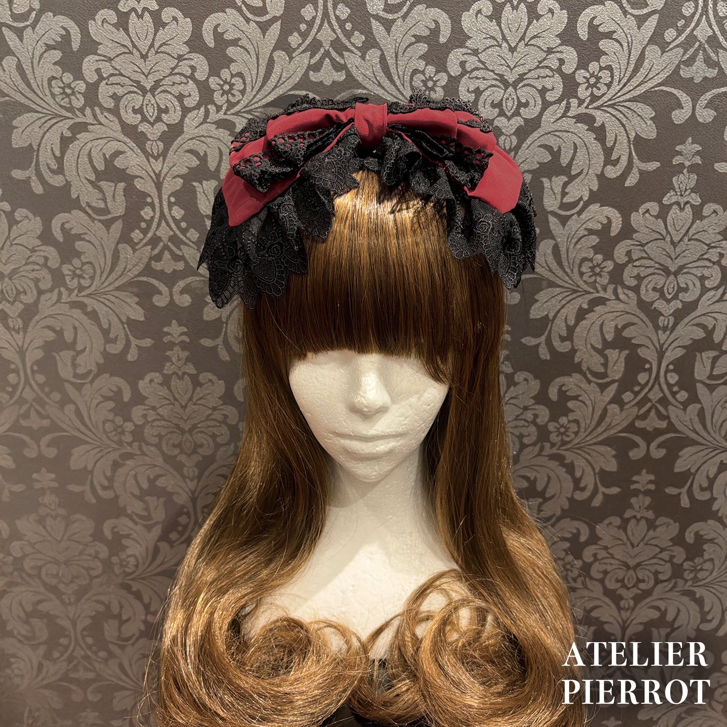【ATELIER PIERROT】　Sweet Lace Ribbon Headband 　ホワイト/ボルドー/ブラック×ホワイト/ブラック