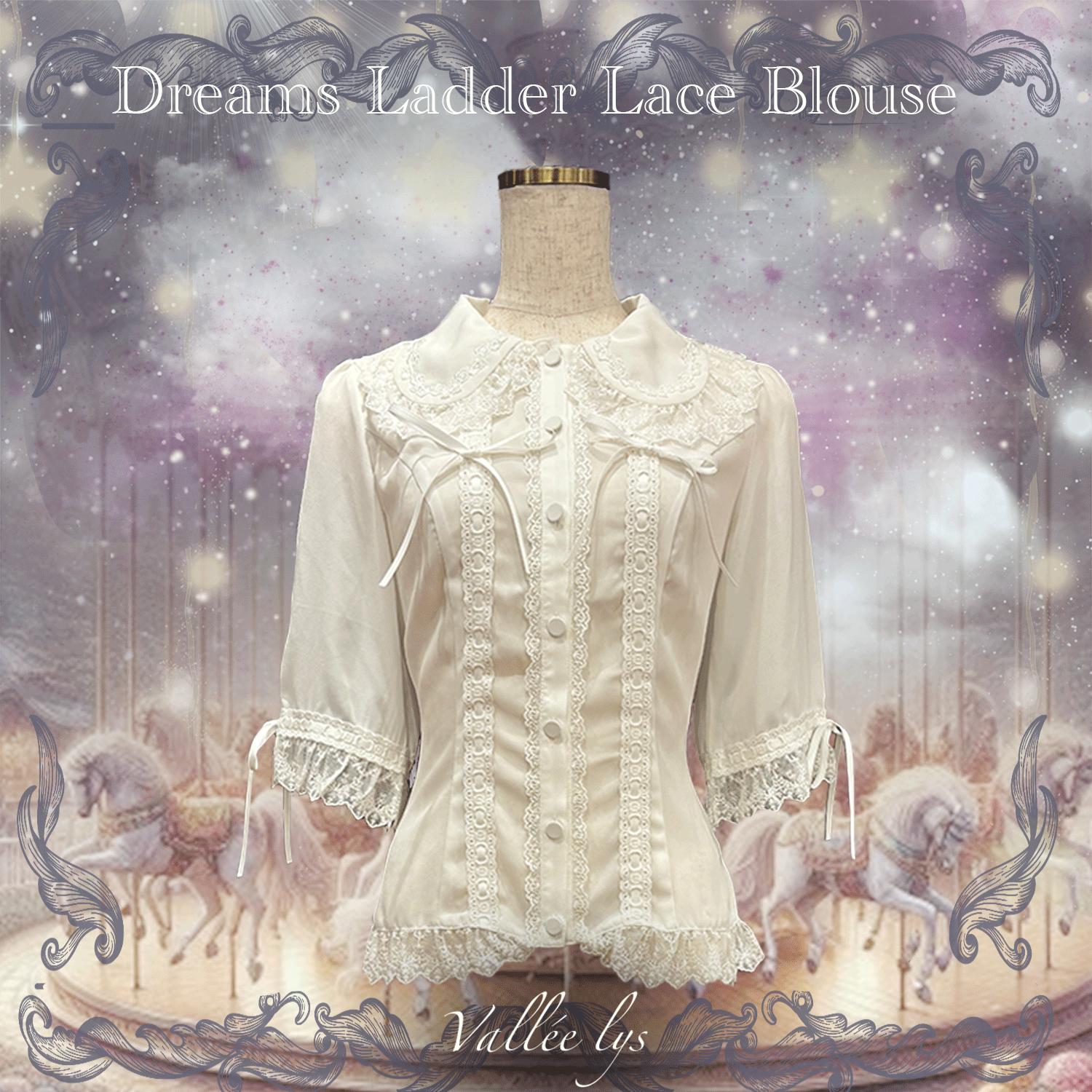 【Vallée lys】ヴァレリス　Dreams Ladder Lace Blouse　 White/ Black× White/Bordeaux/Navy/ Black