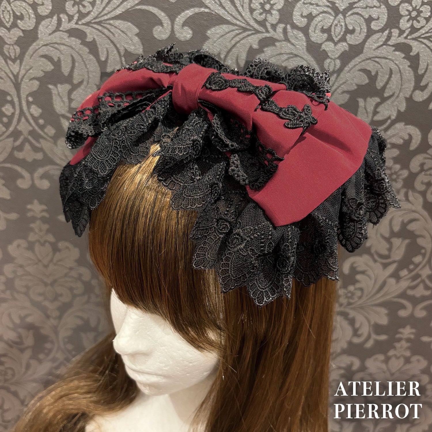 【ATELIER PIERROT】　Sweet Lace Ribbon Headband 　ホワイト/ボルドー/ブラック×ホワイト/ブラック