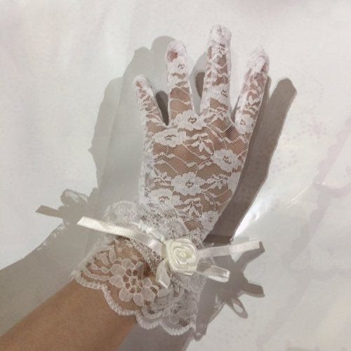 [Marble] Floral lace with marble motif short gloves: white x white roses