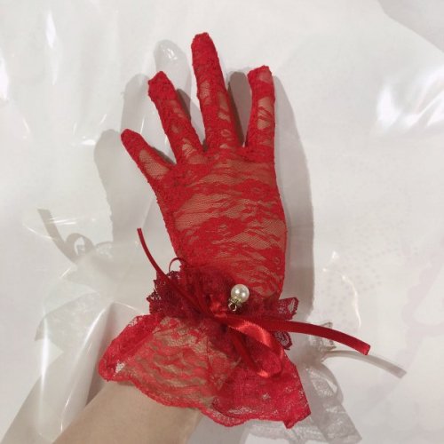 [Marble] Floral lace with marble motif short gloves: red x white pearl