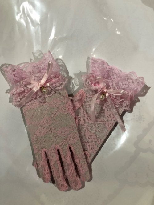 [Marble] Floral lace with marble motif short gloves: Pink x white pearl