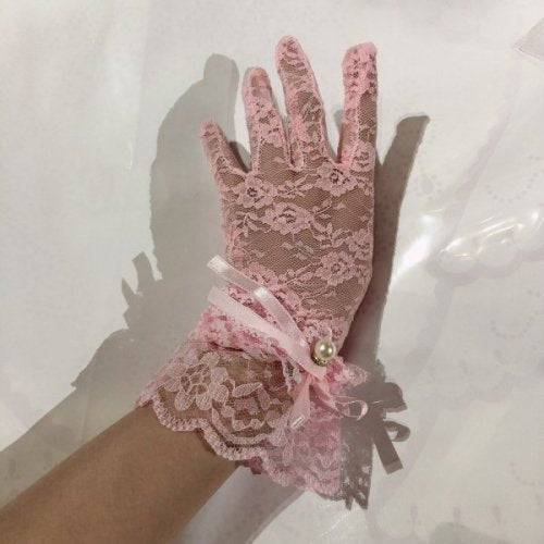 [Marble] Floral lace with marble motif short gloves: Pink x white pearl