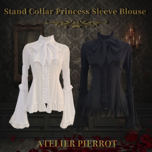 【ATELIER PIERROT】Stand Collar Princess Sleeve Blouse　White/Black