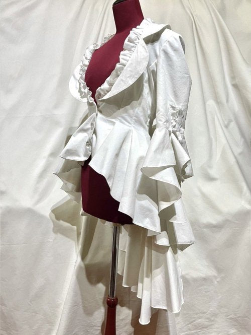 [Marble] Marble Flare Drapes Tailored Jacket+Layered Frillskart: White x White Ruffle x White Lace (White Skirt)