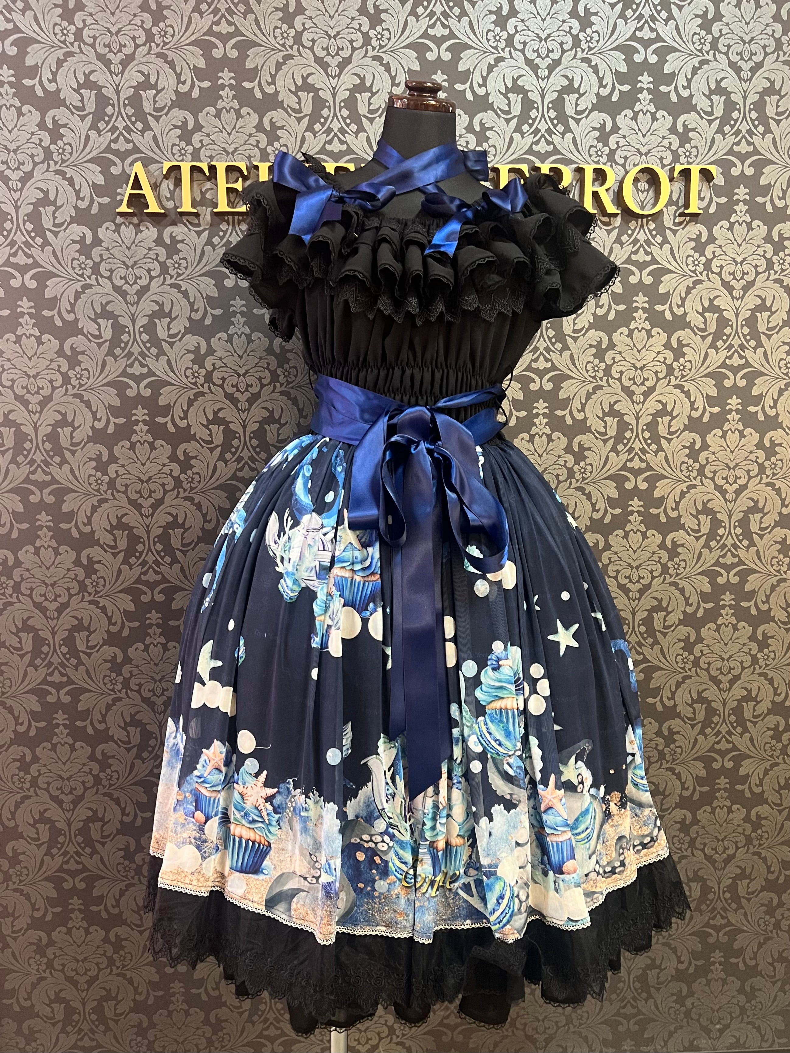 [Triple Fortune] Triple Fortune Kleid mit Oktopus-Teeparty-Muster (Marineblau)