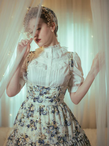 [维多利亚时代的少女]维多利亚时代的少女棉花蕾丝褶边衬衫白色