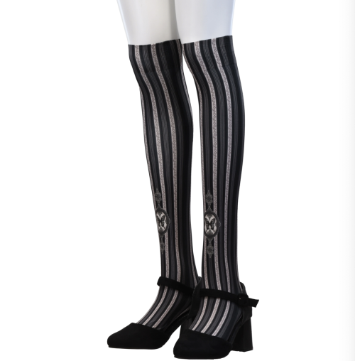 【Sheglit】シェグリット　Flower Stripe Over Knee　ブラック
　