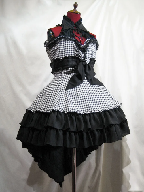 [Marmor] Marmor Butterfly Jewel Kleid: Schwarz weiß Gingham Check x Schwarzer Schnickschnack X Schwarzer Spitze