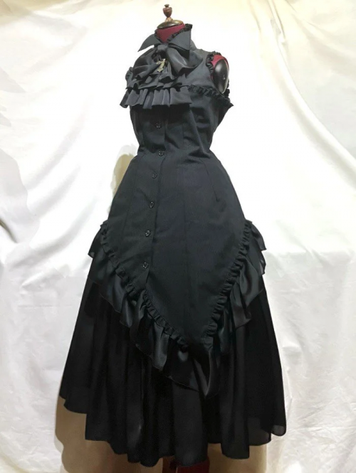 [Marmor] Marmor Gothic Thai Korsett -Stilbluse Kleid: Schwarze Streifen x Schwarz x Schwarz