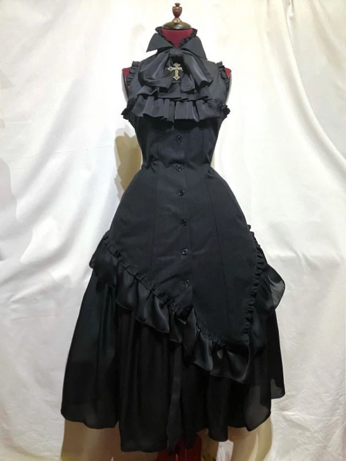 [Marmor] Marmor Gothic Thai Korsett -Stilbluse Kleid: Schwarze Streifen x Schwarz x Schwarz