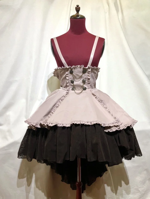[MÁRMOL] Falda drapeada de cintura alta con cadena decorativa con emblema de mármol: BeigePink×Volantes flocados con estampado gótico marrón★No elegible para VENTA★