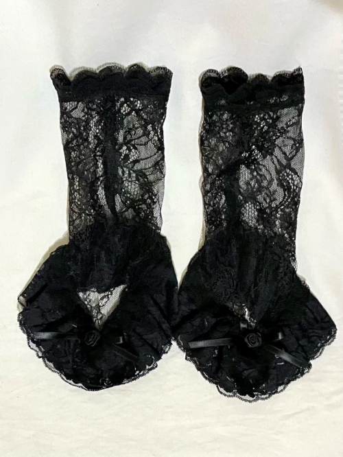 [Marble] Fingers with marble motif volume lace gloves: black lace x black rose