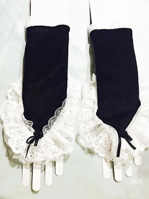 [MARBLE] Fingers with marble motif volume lace gloves: black velor x white lace x black rose