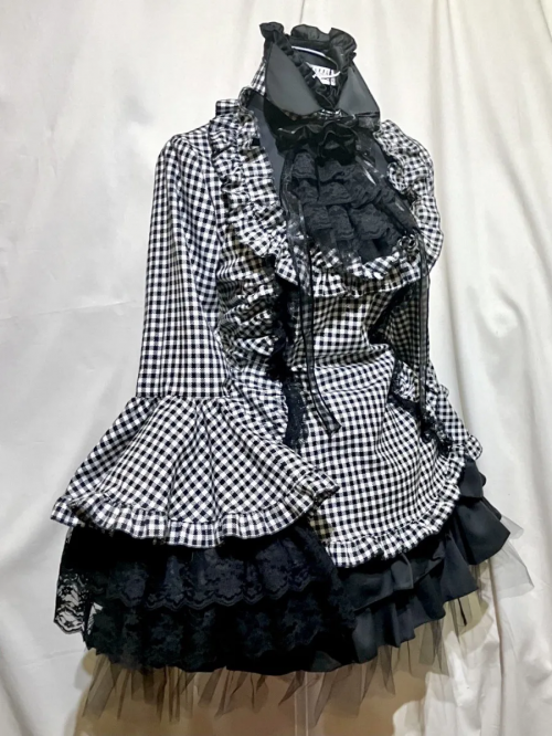 [Mármol] Vestido ribonde de mármol / Vestido de tachuela tailandesa clásica One Piece: Black White Gingham Check