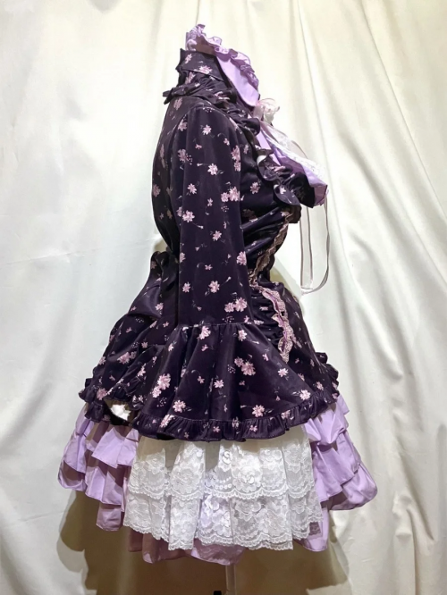 [Marble] Marble Ribonde Dress / Classic Side Tack Dress One Piece: Purple Land Pink Flower Pattern x Black Tulle x White Lace